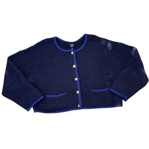 Gap Boucle Cropped Sweater Jacket  Blue Casual Long Sleeve Button Front, Size XL
